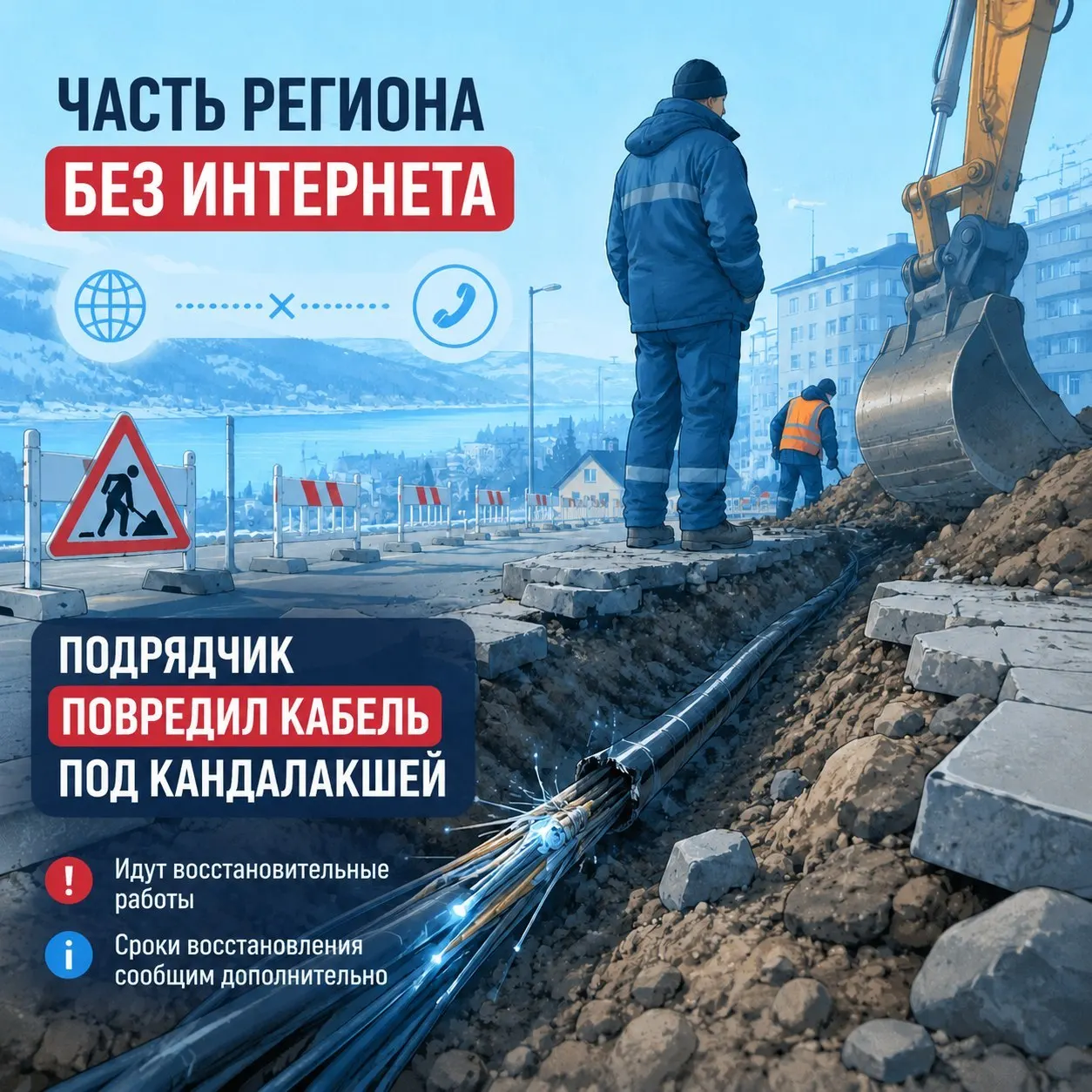 В Кандалакше при ремонте тротуара подрядчик повредил оптический кабель одного из операторов. Из‑за этого в ряде населённых пунктов региона случаются сбои интернета и телефонной связи; специалисты работают над восстановлением.