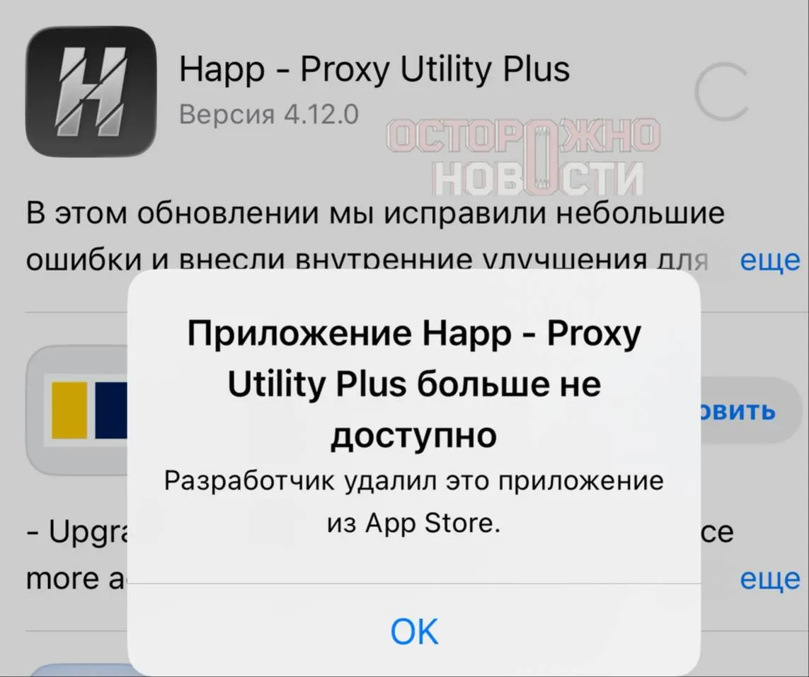 Приложение Happ — Proxy Utility, помогающее подключаться к персональным и коммерческим прокси и обходить блокировки, удалили из российского App Store; при переходе по ссылке магазин сообщает о недоступности.